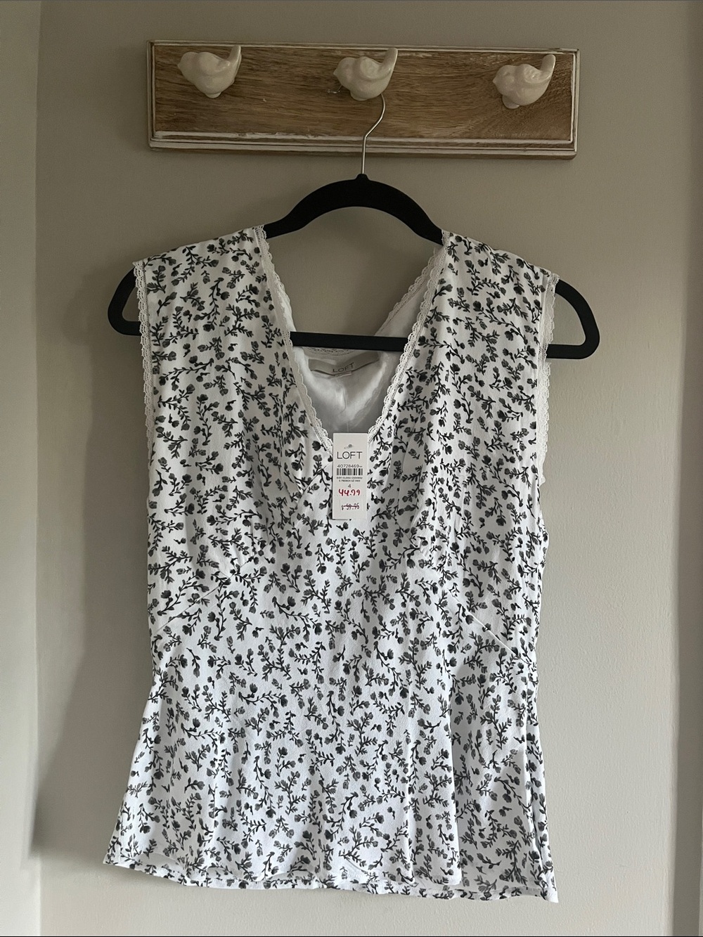 LOFT White Dress with Black Floral Print, Sleeveless V-Neck